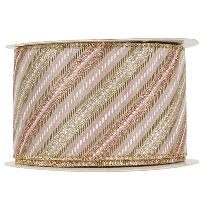 Pink Diagonal Striped Ribbon 2.5 Inch Blue Satin with Rose Gold and Champagne Glitter Wired Ribbon for Christmas Tree (30 Foot)