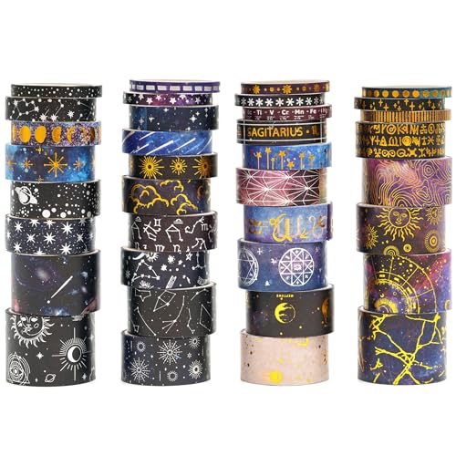 36 Rolls Galaxy Washi Tape Pack Stars Arts Adhesive Tapes Gold Silver Foil Decorative Masking Tape Sets for Craft (36 Count)