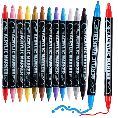12 Colors Dot & Fine Dual Tip Acrylic Paint Markers Pens (12 Count)