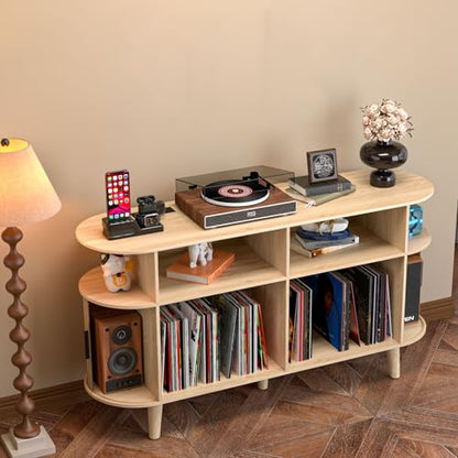 Large Round Record Player Stand with Charging Station & USB Ports