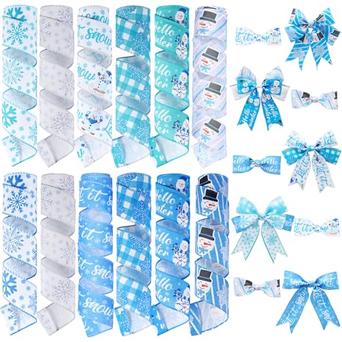 12 Rolls Winter Wired Ribbon 2x5Yd Snowman Glitter for Wreaths (12 Count)