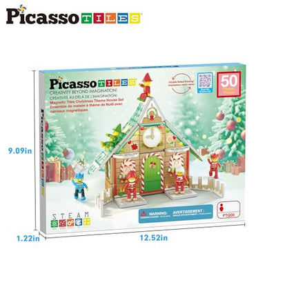 Magnetic Tile Christmas Holidays Cottage Building Set with Santa Elves Nutcracker 6 Character Figures STEM Educational Construction Toy Winter Magnet Block Gift for Kids Age 3 Plus PTQ08