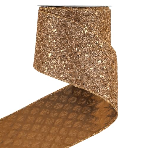 4 inch Copper Glitter Wired Christmas Ribbon 10 Yards (30 Foot)