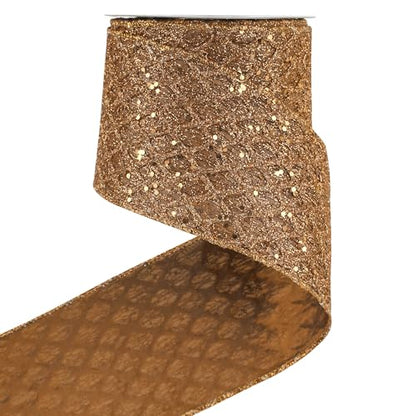 4 inch Copper Glitter Wired Christmas Ribbon 10 Yards (30 Foot)