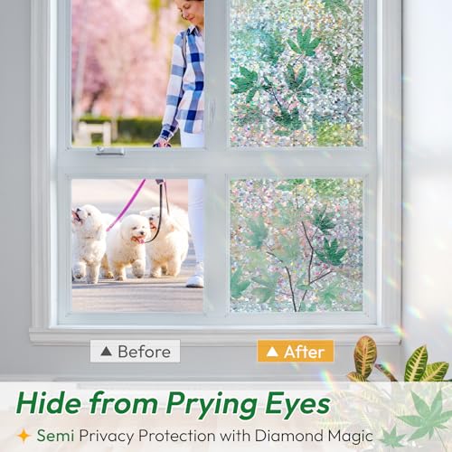 Rainbow Window Privacy Film Decorative Stained Glass Diamond Pattern Window Sticker with Iridescent Tint Non (12.92 Sq Ft)