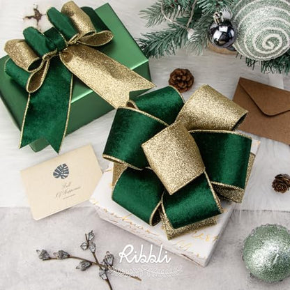 Forest Green Velvet Wired Ribbon 2.5 Inch Green Velvet with Gold Glitter Christmas Ribbon for Christmas Tree Decoration Big Bow Gift Wrapping Crafts Wreaths Supplies (30 Foot)