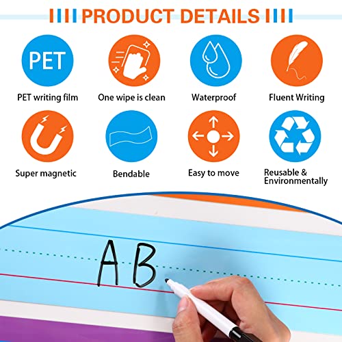 12 Pieces Large Magnetic Sentence Strips 3 x 36 inch Dry Erase Sentence Strips Jumbo Multicolor Magnetic Handwriting Paper with Lines for Teacher Whiteboard Classroom School Supplies