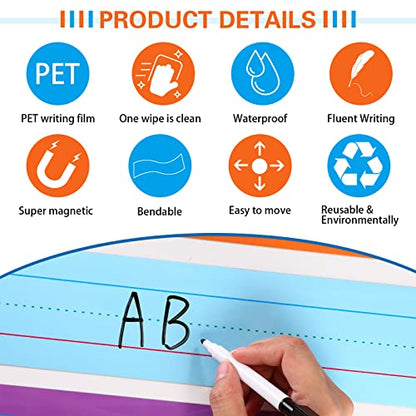12 Pieces Large Magnetic Sentence Strips 3 x 36 inch Dry Erase Sentence Strips Jumbo Multicolor Magnetic Handwriting Paper with Lines for Teacher Whiteboard Classroom School Supplies