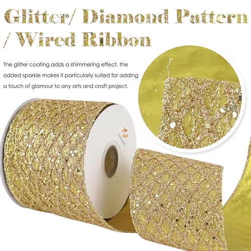 Gold Glitter Diamond Wired Christmas Ribbon 4 inch x 10 Yards (30 Foot)