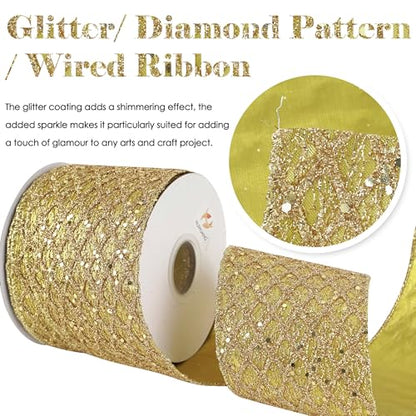 Gold Glitter Diamond Wired Christmas Ribbon 4 inch x 10 Yards (30 Foot)
