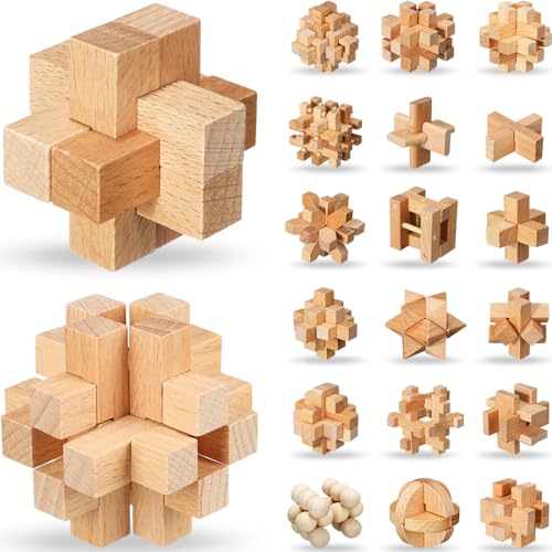 20 Pcs Wooden Brain Teaser Puzzles Small 3D Wooden Puzzles Wood Block Puzzle Logic Box Lock Mind IQ Test Removing Assembling for Adults (20 Count)