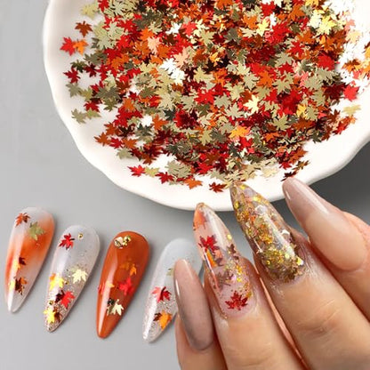 Thanksgiving Glitters Nails Sequins Fall Nail Glitter Sequins Autumn Maple Leaf Flakes Design Nails Charms Holographic Mixed Color 3D Confetti Nails Glitter for Women (2 Ounce)