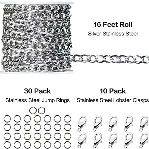 16ft Cuban Link Chain Roll 6mm Silver Stainless Steel Necklace Chains for Jewelry Making