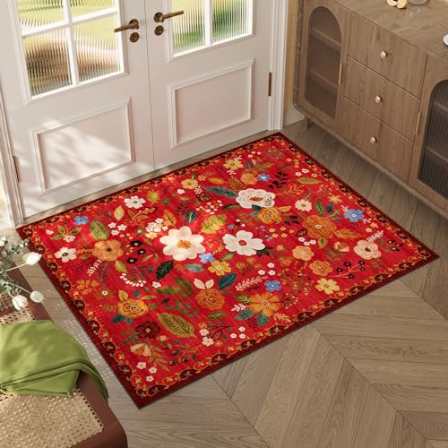Door Mat Indoor Entrance 2x3 Rug Machine Washable Boho Floral Small Area Rug Non