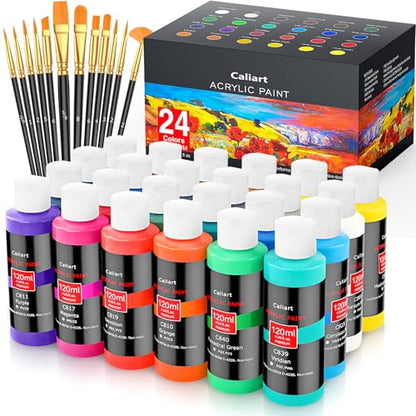 24 Colors Acrylic Paint Set Large Bottles 4oz with 12 Brushes (96 Fl Oz)