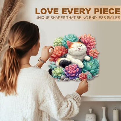 Dreamy Succulents Cat Puzzles Adults Gifts for Women Men Wooden 100 Pieces 8.5 x 8.0in