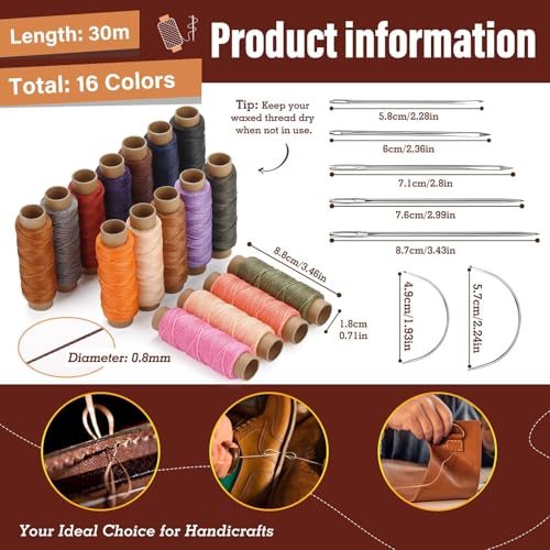 Waxed Thread 0.8mm 32 Yard Leather Thread for Hand Sewing 16 Colors (98 Foot)