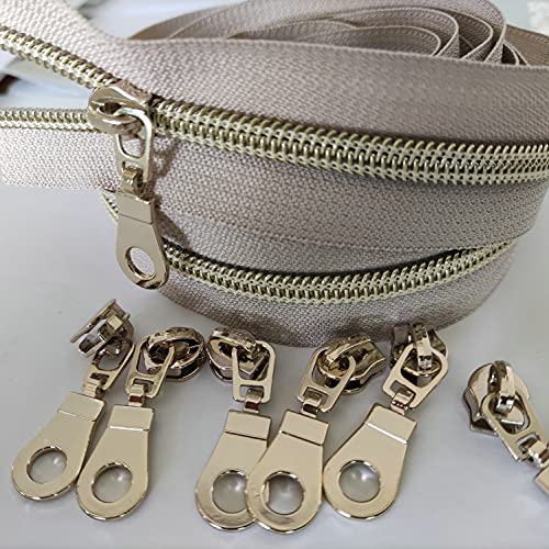 5 Light Gold Teeth Metallic Nylon Coil Zippers by The Yard Bulk 10 Yards Beige Tape with 25pcs Gold Sliders for DIY Sewing Tailor Craft Bag