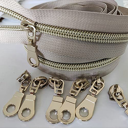 5 Light Gold Teeth Metallic Nylon Coil Zippers by The Yard Bulk 10 Yards Beige Tape with 25pcs Gold Sliders for DIY Sewing Tailor Craft Bag