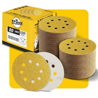 100PCS 5 Inch 80 Grit 125mm 8 Hole Sanding Discs Sandpaper (100 Count)