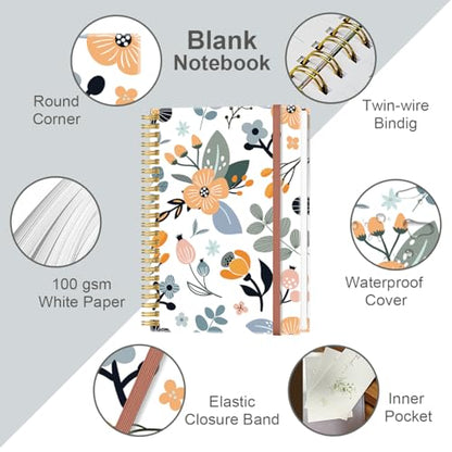 3-Pack) A5 Blank Notebook - 70 Sheets/140 Pages Per Blank Paper Notebook, 100 GSM Thick White Paper, 5.8" x 8.3" Spiral Blank Journal, Flowers