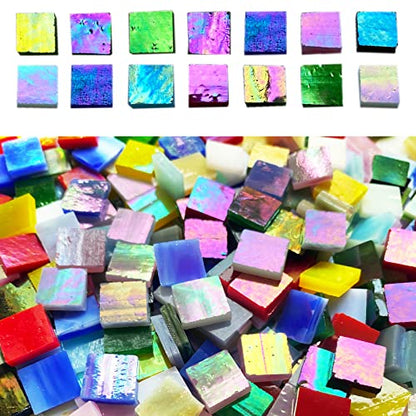 610 Pieces Iridescent Square Glass Mosaic Tiles for Crafts (15 Ounce)