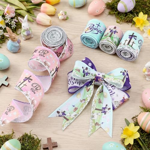 12 Rolls Spring Easter Ribbon He is Risen Cross Egg Wired Burlap Ribbon 2 Inch x 60 Lavender Purple Easter Decor Ribbons for Spring Wreath Tree Bow DIY Crafts Gift Wrapping Party Supplies 12 Styles (12 Foot)