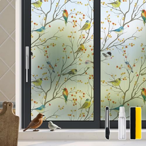 Reeded Glass Window Film Seamless Pattern Colored Birds 17.7" x 78.7"