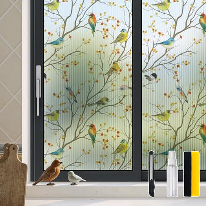 Reeded Glass Window Film Seamless Pattern Colored Birds 17.7" x 78.7"