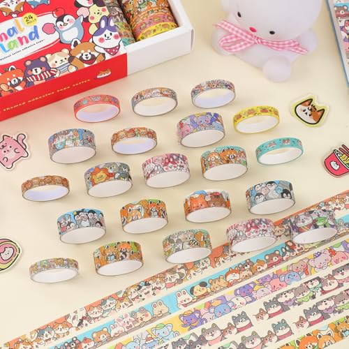 24 Rolls Colorful Cute Cartoon Animal Writable Washi Tape Set (24 Count)
