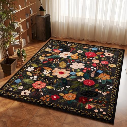 Area Rug 4x6 Rug Washable Boho Rugs Non Slip Low Pile Floral Small Carpet for Bedroom