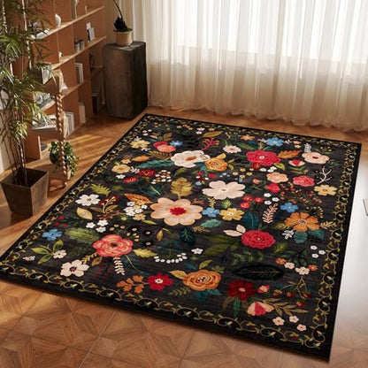 Area Rug 4x6 Rug Washable Boho Rugs Non Slip Low Pile Floral Small Carpet for Bedroom