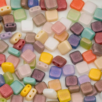 0.88oz (25g) Mix of 2-Hole Square Tile Czech Glass Beads 6mm - Pale Summer Mix with Orange