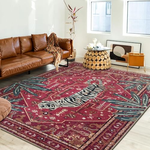 Tribal Rugs Summer Tropical 5x7 Area Rugs Wine Red Traditional Boho Vintage Oriental Rug Carpet for Bedroom Kitchen Dining Living Room Indoor Entryway Washable (35.83 Sq Ft)
