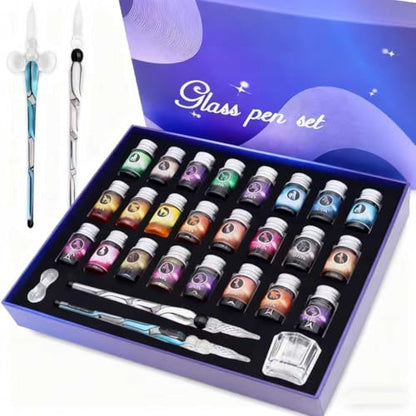 Glass Dipped Pen Ink Set Handmade Crystal Calligraphy Pen with 24Colorful india ink for Art