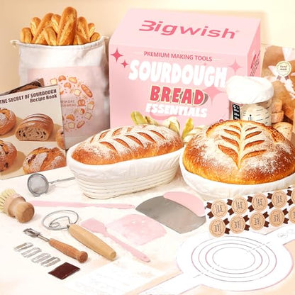 Pink Sourdough Starter Kit with Banneton Bread Proofing Basket and Jar (2 Count)