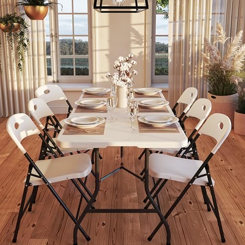 6ft Fold-in-Half Blow Molded Folding Table, Indoor/Outdoor, Comfort Handle, Lightweight Plastic Construction - White