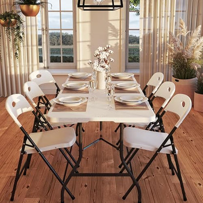6ft Fold-in-Half Blow Molded Folding Table, Indoor/Outdoor, Comfort Handle, Lightweight Plastic Construction - White