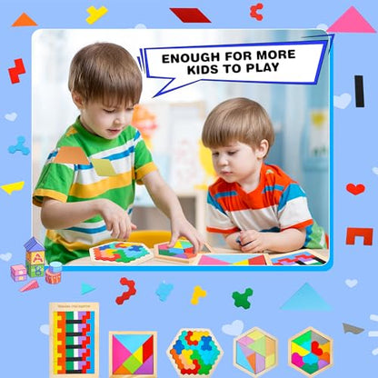 5 Pack Wooden Tangrams Puzzle Set Wooden Hexagon Puzzle Wood Russian Blocks Tangram Puzzle Brain Teaser Puzzles for Kids Adults 3D Logic Intelligence IQ Game Gift (5 Count)