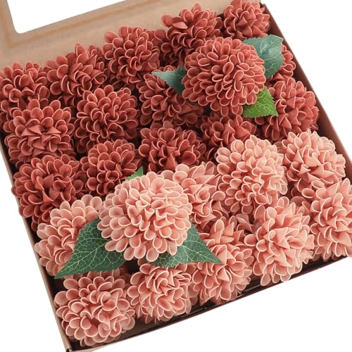 Artificial Dahlia Flowers 25pcs Terracotta & Pinky Cedar Foam Fake Roses with Stems for DIY Burnt Orange Wedding Bouquets Bridal Shower Centerpieces Floral Arrangements Party Tables Decoration (25 Count)
