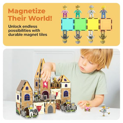 70pc Middle Age Medieval and Castle Theme Tile 2in1 8 Character Action Figures Magnet Tiles Building Block Pretend Magnetic Play Fine Motor Skill STEM Educational Construction Age3+ PTQ01