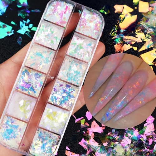 12 Colors Holographic Glitter Nail Art Sequins Aurora Iridescent Nail Flakes Glitter Chameleon Flakes Irregular Ice Slag Glass Paper Ultra Thin Mermaid Nail Glitter for Nail Art Make