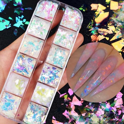 12 Colors Holographic Glitter Nail Art Sequins Aurora Iridescent Nail Flakes Glitter Chameleon Flakes Irregular Ice Slag Glass Paper Ultra Thin Mermaid Nail Glitter for Nail Art Make