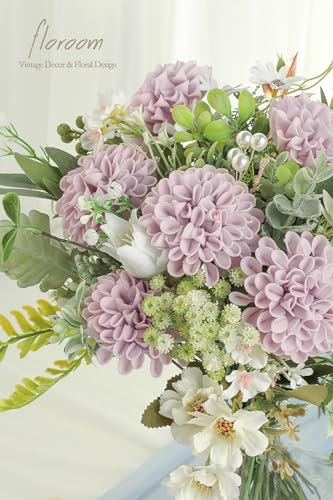 Artificial Dahlia Flowers 25pcs Real Looking Pale Lavender Foam Fake Roses with Stems for DIY Wedding Bouquets Lilac Bridal Shower Centerpieces Floral Arrangements Party Tables Home Decoration (25 Count)