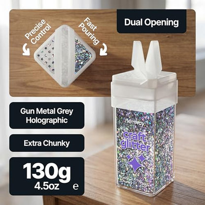 Craft Glitter Shaker Gun Metal Grey Holographic 130g Extra Chunky (3.8 Ounce)