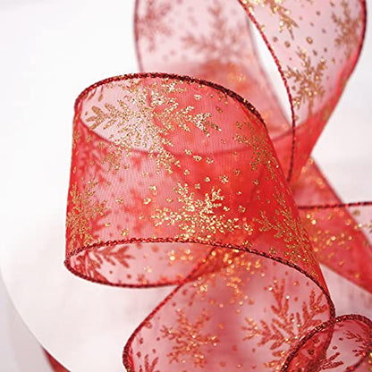 Organza with Red Glitter Snowflakes Wired Ribbon 2.5 inch x 50 Yards for Christmas Home Decor Tree Topper Bow Gift Wrapping DIY Crafts Wreath Garland Wedding (150 Foot)