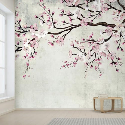 Large Wall Mural Watercolor Style Ink Painting Pink Cherry Blossom on Vintage Wall Background
