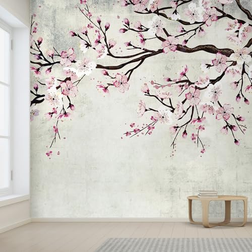 Wall Sticker Wall Mural Watercolor Style Ink Painting Pink Cherry Blossom on Vintage