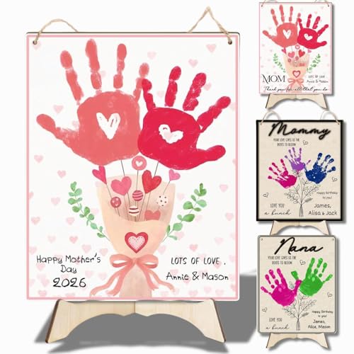 Pink Floral Bouquet DIY Baby's First Mothers Day Handprint Making Sign