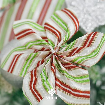 Red and Green Diagonal Striped Ribbon 2.5 Inch White Satin with Lime Green and Red Glitter Wired Ribbon for Christmas Tree (30 Foot)